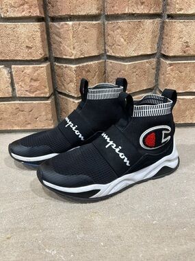 Champion Rally Pro Athletic Pull-On High Top Shoes Black/White kids size 6.5Y